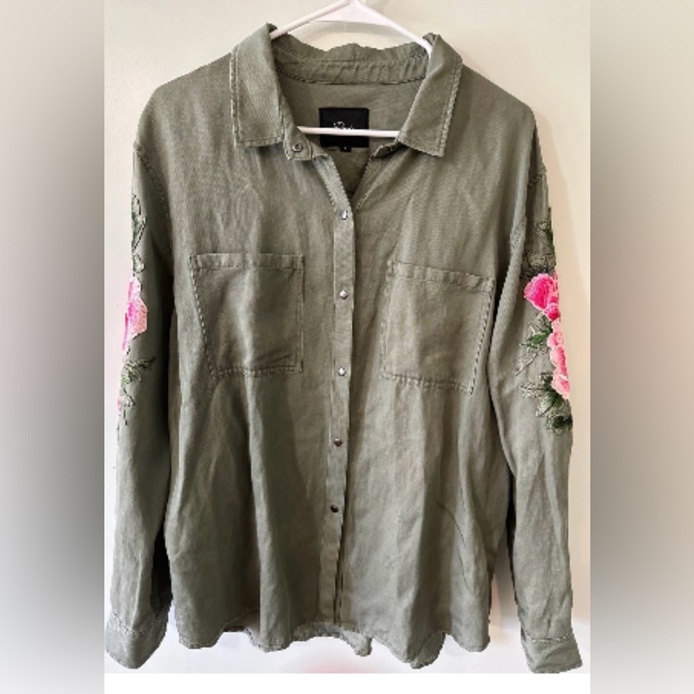 Rails Sage Green Embroidered Rose Sleeves Front Snap Linen Shirt Jacket Large